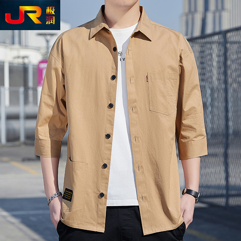 男士春夏季新款纯棉七分袖衬衫中袖宽松工装多口袋中青年休闲衬衣