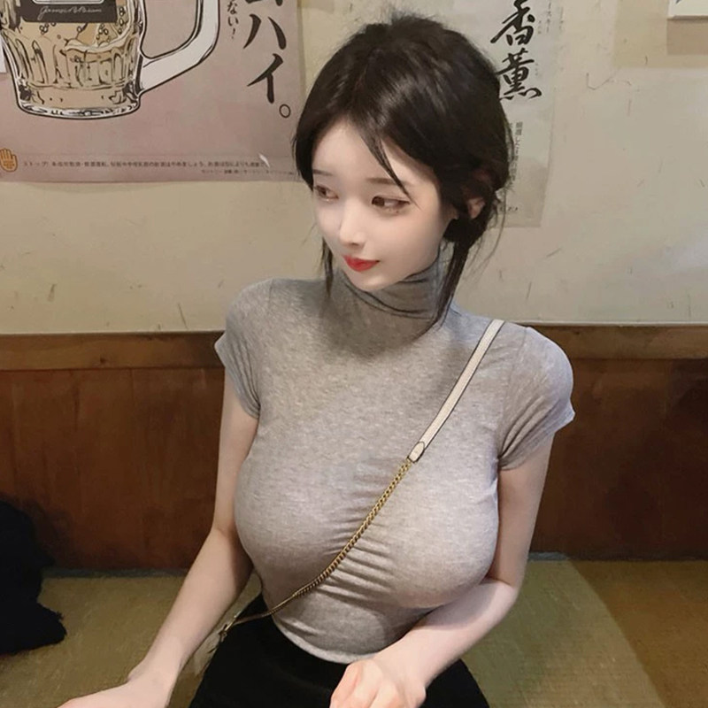 韩国东大性感纯欲女人味微透高领显胸大紧身显瘦短袖T恤上衣女士