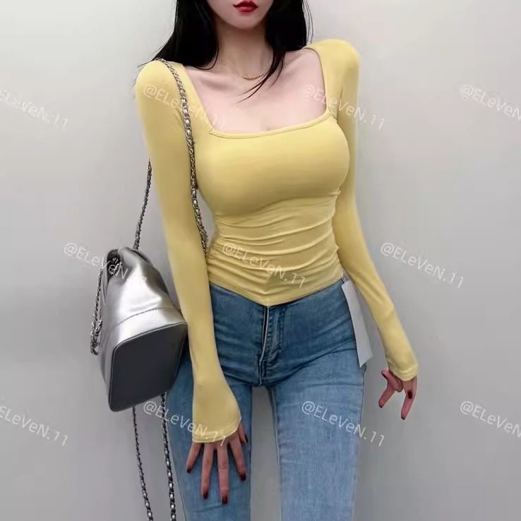 显身材！性感显瘦方领长袖T恤女紧身短款打底衫基础内搭上衣春款