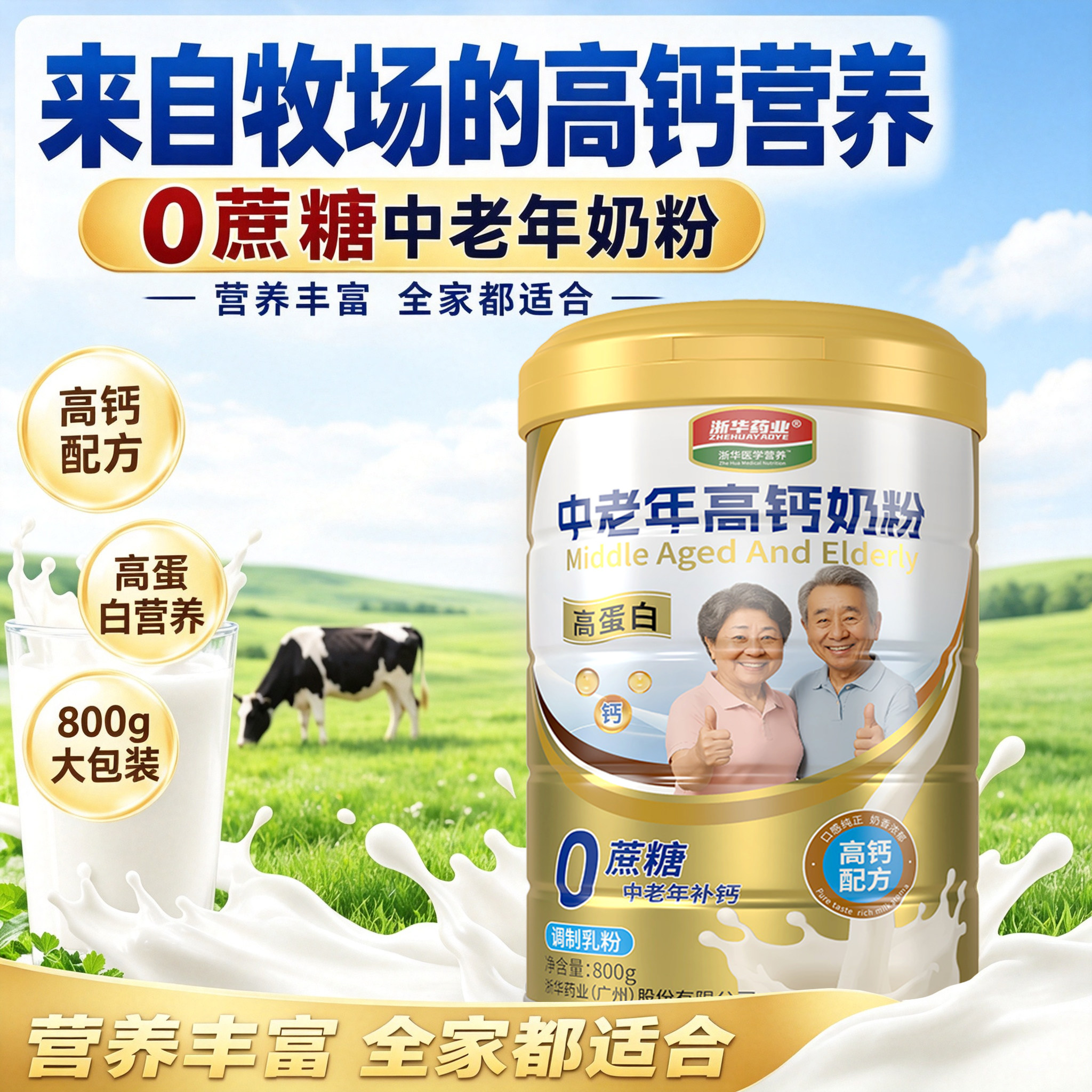 浙华药业中老年人高钙奶粉800g/罐老人补钙中年人高钙牛奶粉正品