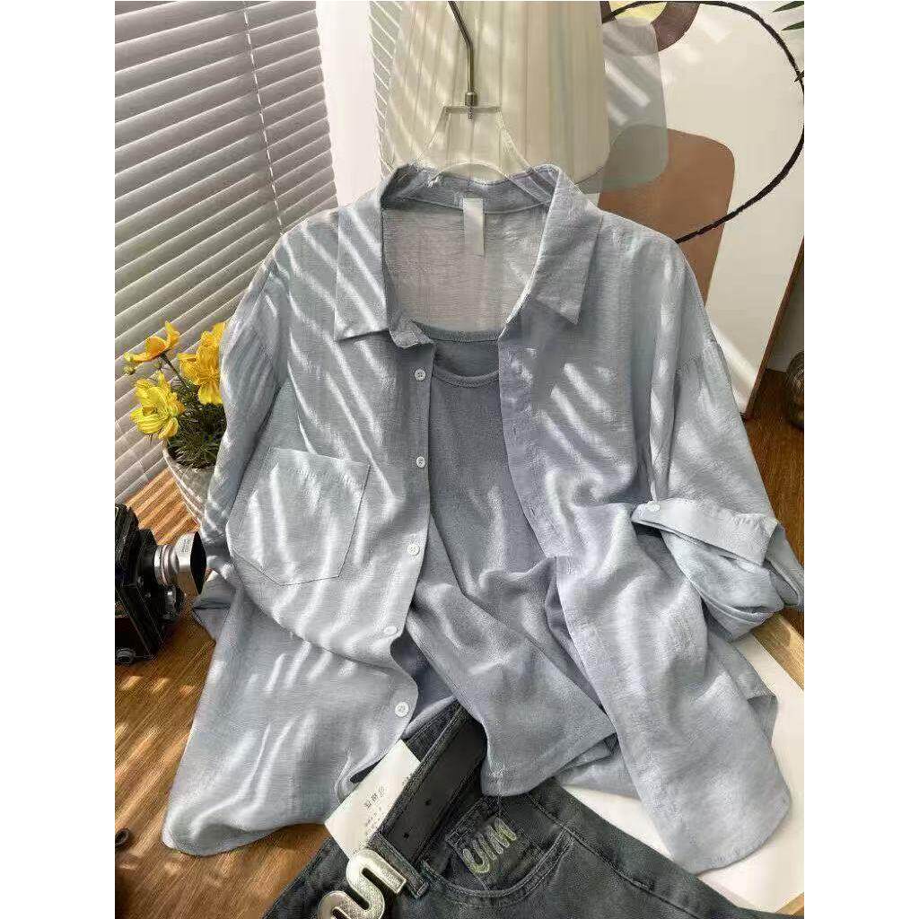 森系甜美新款冰丝凉感防晒长袖衬衫女薄款外穿百搭微透雪纺衬衣服