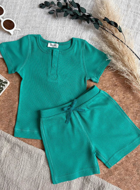 25mar夏季高级限定色草绿色男女童宝宝婴儿短袖T恤短裤短爬连体衣