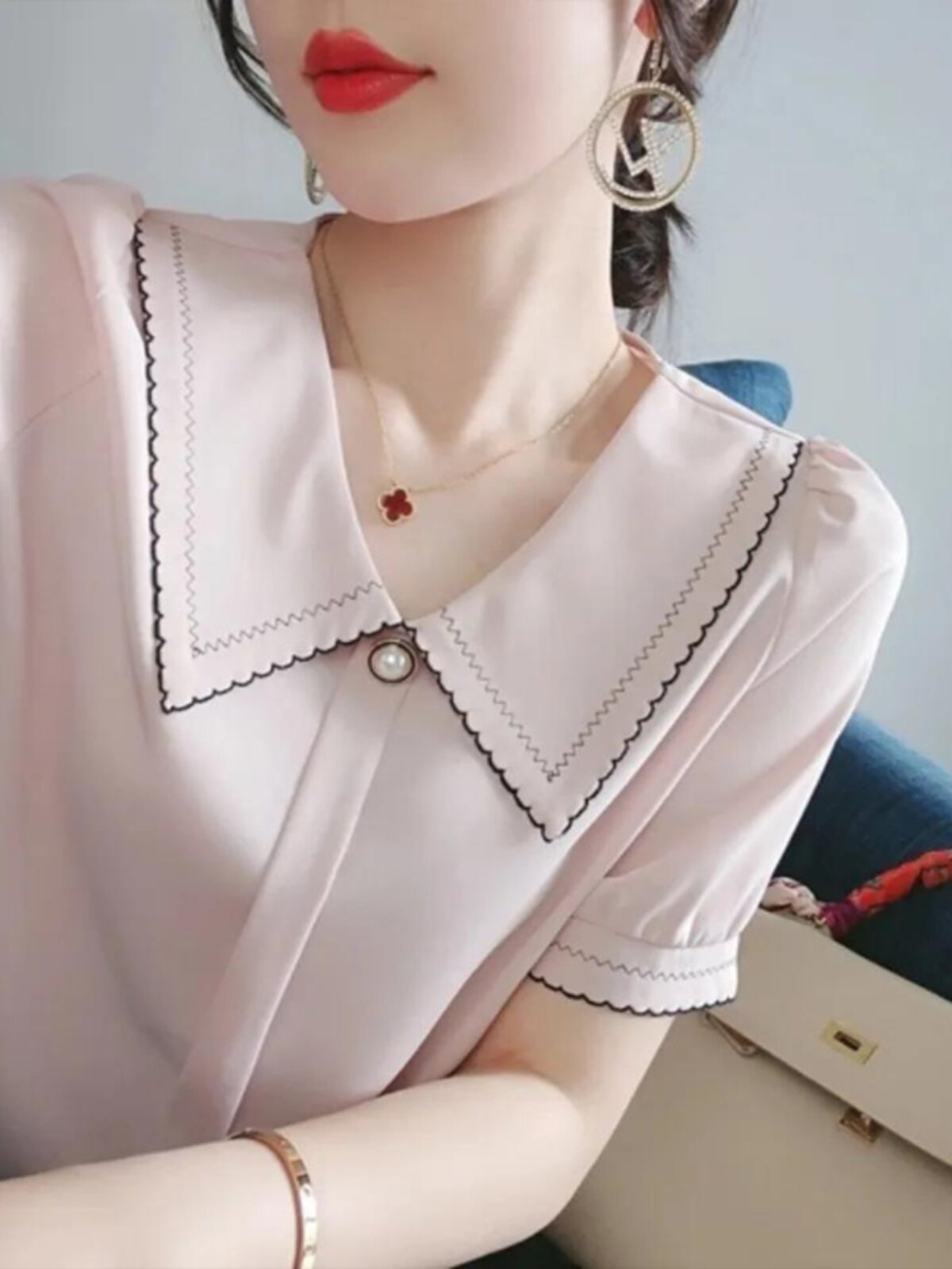 CHIFFON SHIRT WOMENS SUMMER DRESS 2024 NEW VERSATILE FASHION SHIRT SMALL SHIRT PLUS SIZE FAT MM DOLL COLLAR SHORT SLEEVE TOP