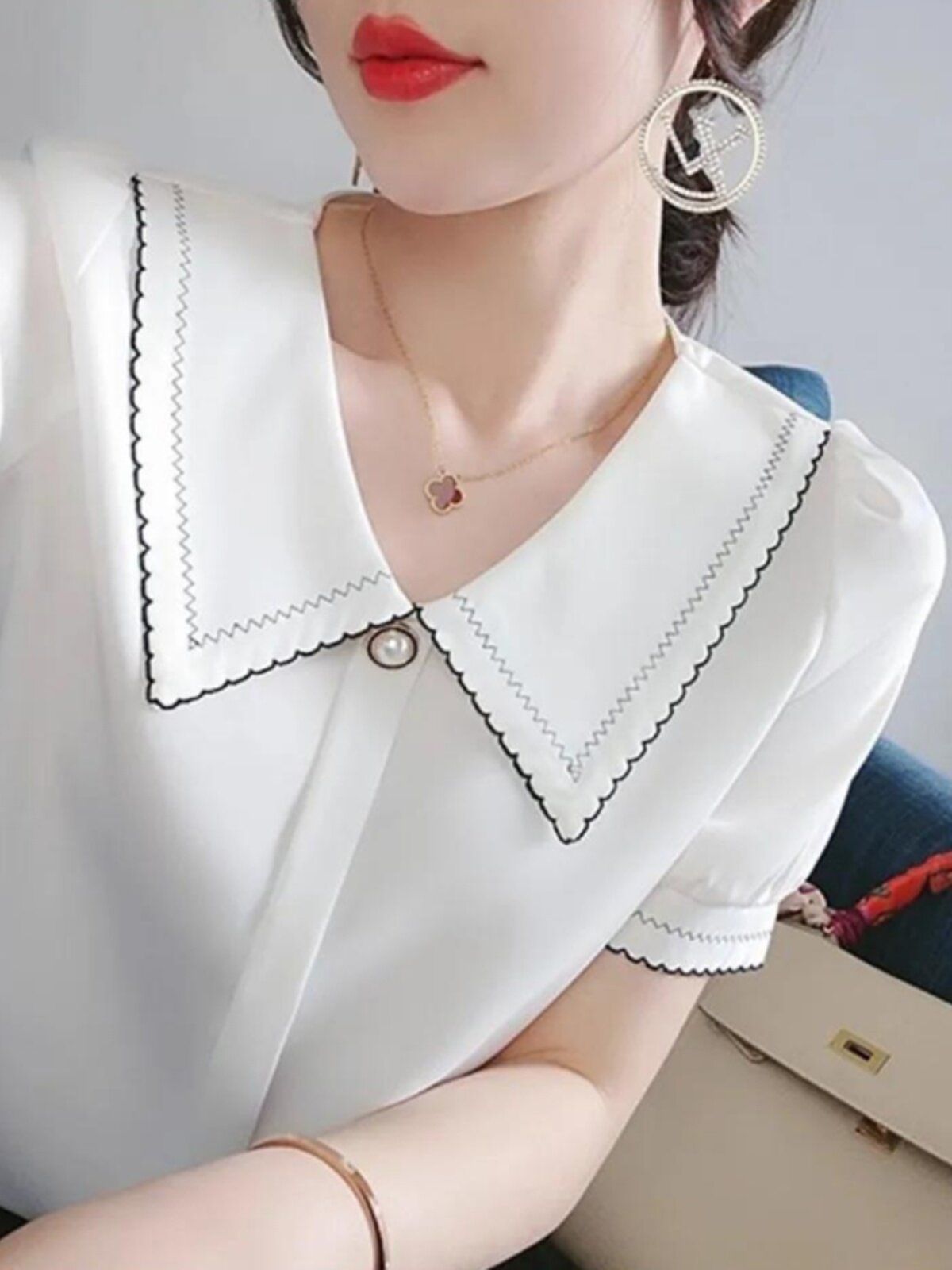 CHIFFON SHIRT WOMENS SUMMER DRESS 2024 NEW VERSATILE FASHION SHIRT SMALL SHIRT PLUS SIZE FAT MM DOLL COLLAR SHORT SLEEVE TOP