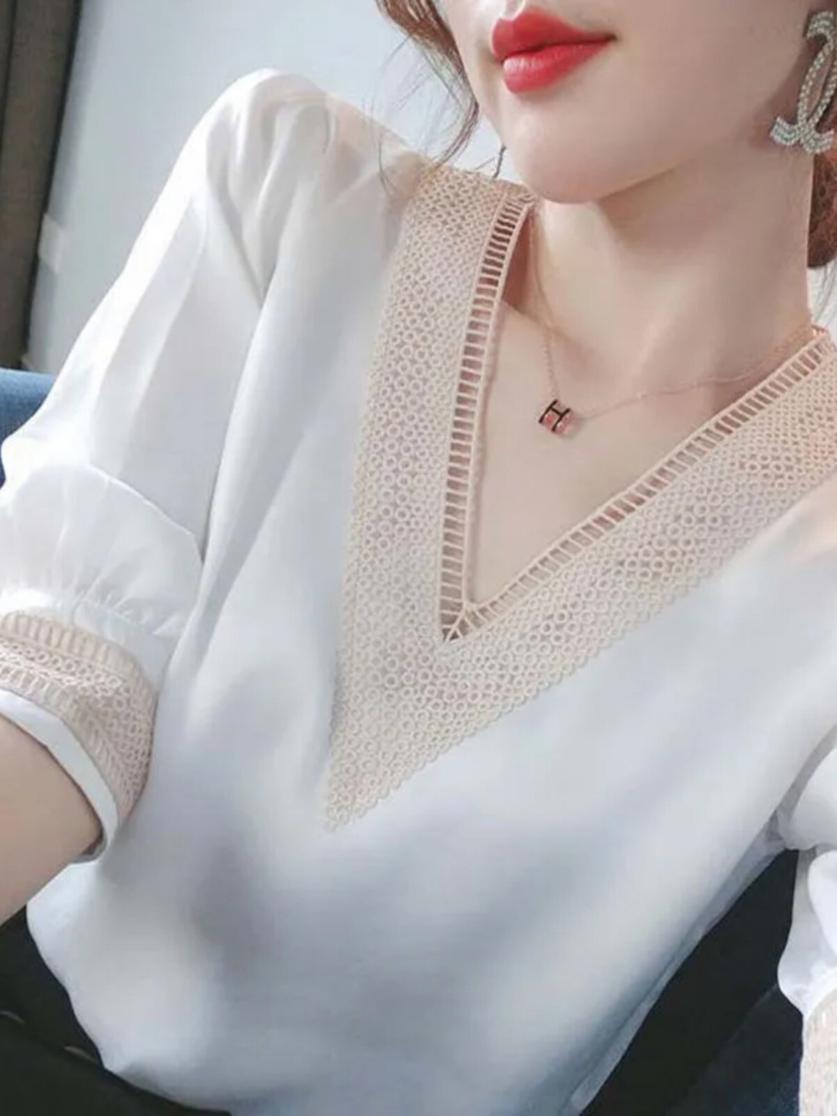 CHIFFON SHIRT WOMENS SUMMER DRESS 2024 NEW FASHION SHIRT HIGH-END FOREIGN STYLE SHIRT PLUS SIZE SHORT SLEEVE V-NECK TOP
