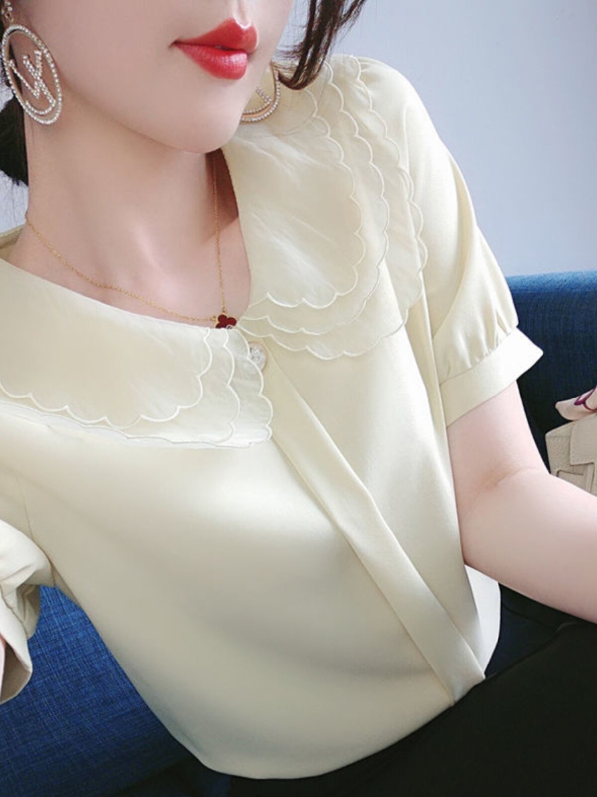 SHORT SLEEVE CHIFFON SHIRT WOMENS SUMMER DRESS 2024 NEW TEMPERAMENT FASHION SHIRT FOREIGN STYLE SMALL SHIRT DOLL COLLAR PLUS SIZE TOP