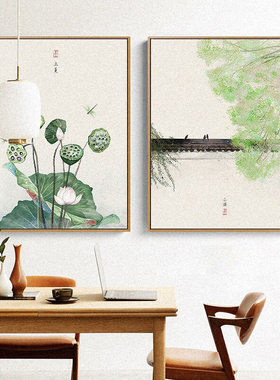 新中式竖版茶室装饰画二十四节气客厅书房背景墙壁画民宿三联挂画