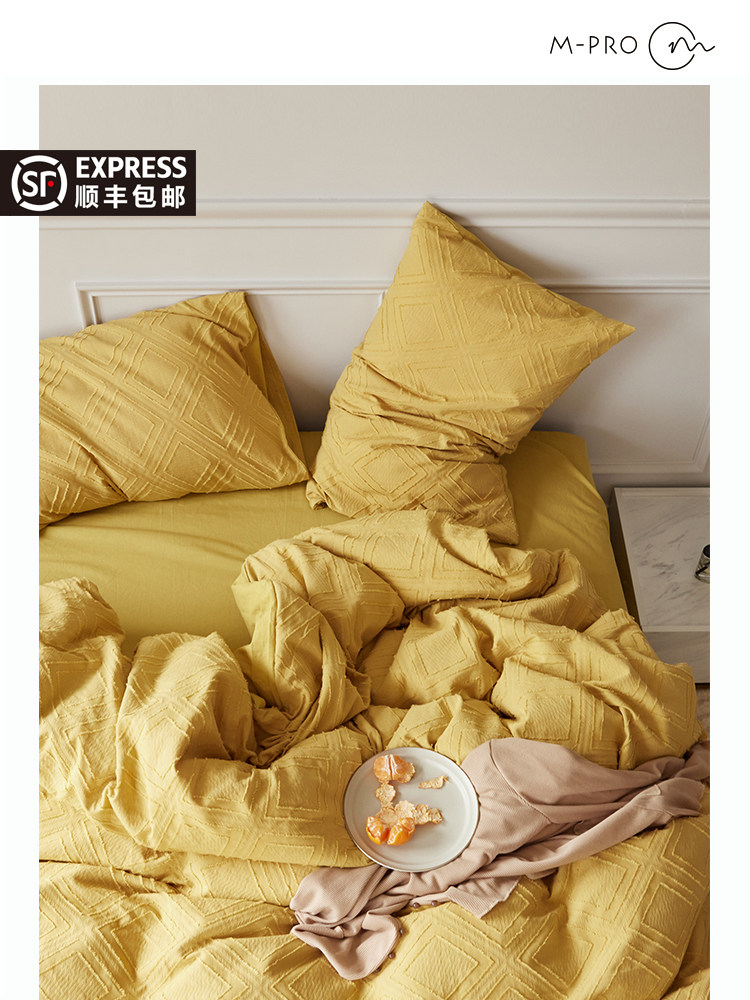 Yarn-dyed jacquard cotton washed cotton four-piece set pure cotton Nordic cut flowers solid color girl quilt cover bed sheet bedding