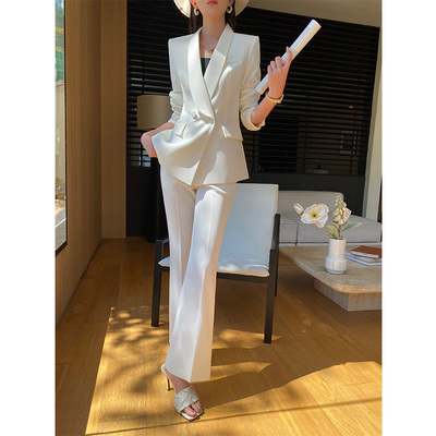 白色通勤职业装西装微喇裤套装女