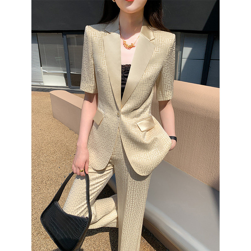 醋酸缎面西装套装女夏薄款高级感职业正装短袖国风汉元素西服新款