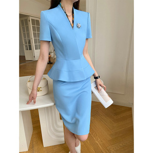 夏高级感女士西服时尚 两件套装 休闲洋气时髦蓝色职业套裙 西装 短袖