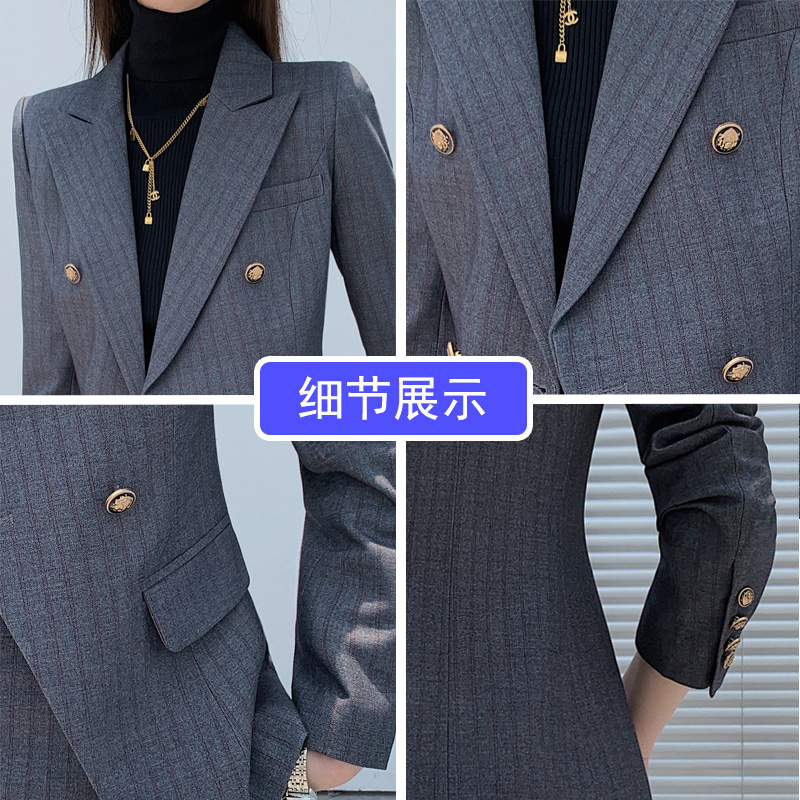 灰色条纹西装套装女春秋气质高级感大码小个子西服两件套职业正装