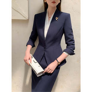 无领藏青色西装外套女秋季2025新款职业套装高端商务售楼部工作服