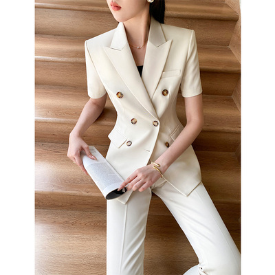 短袖薄款米白色西装套装女夏高端