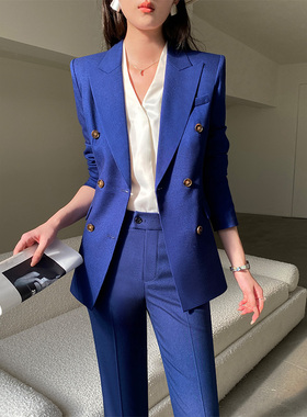 新款宝蓝色西装套装女神范春季喇叭裤气质面试职业女装高级感休闲