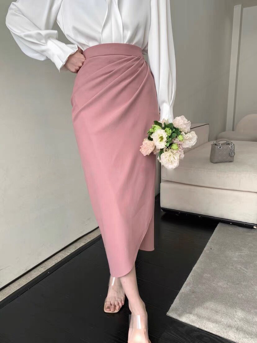 法式气质不规则粉色半身裙春夏设计感小众高腰显瘦褶皱开叉中长裙