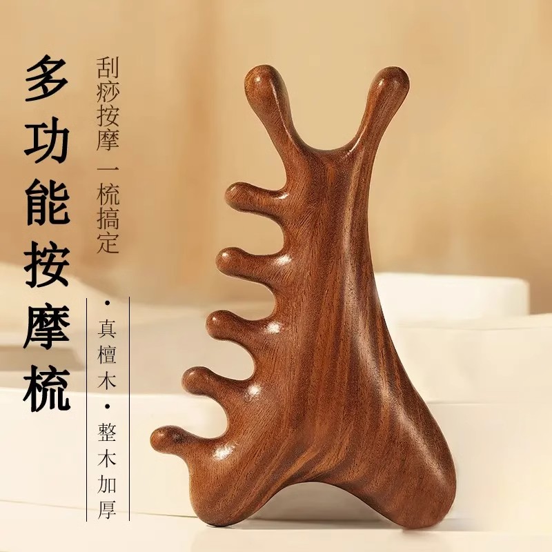 4合一多功能檀木梳头皮按摩梳