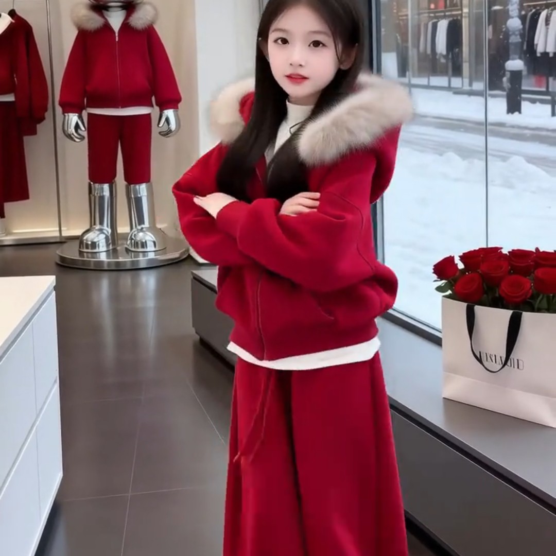 女童冬季加绒套装2025新款儿童红色拜年中大童洋气加厚过年两件套