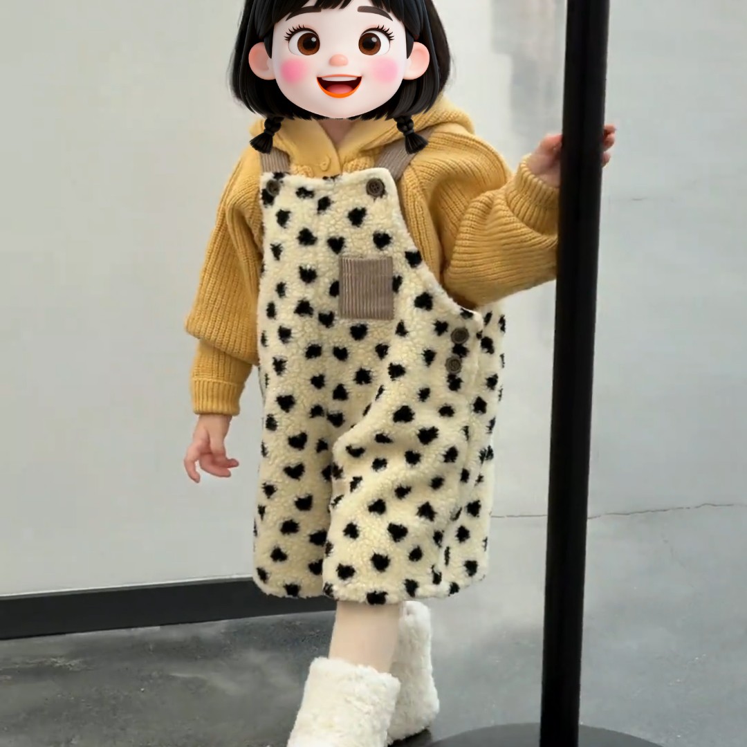 童装女童秋冬2025新款时尚纯色连帽针织毛衣碎花羊羔绒背带裤套装