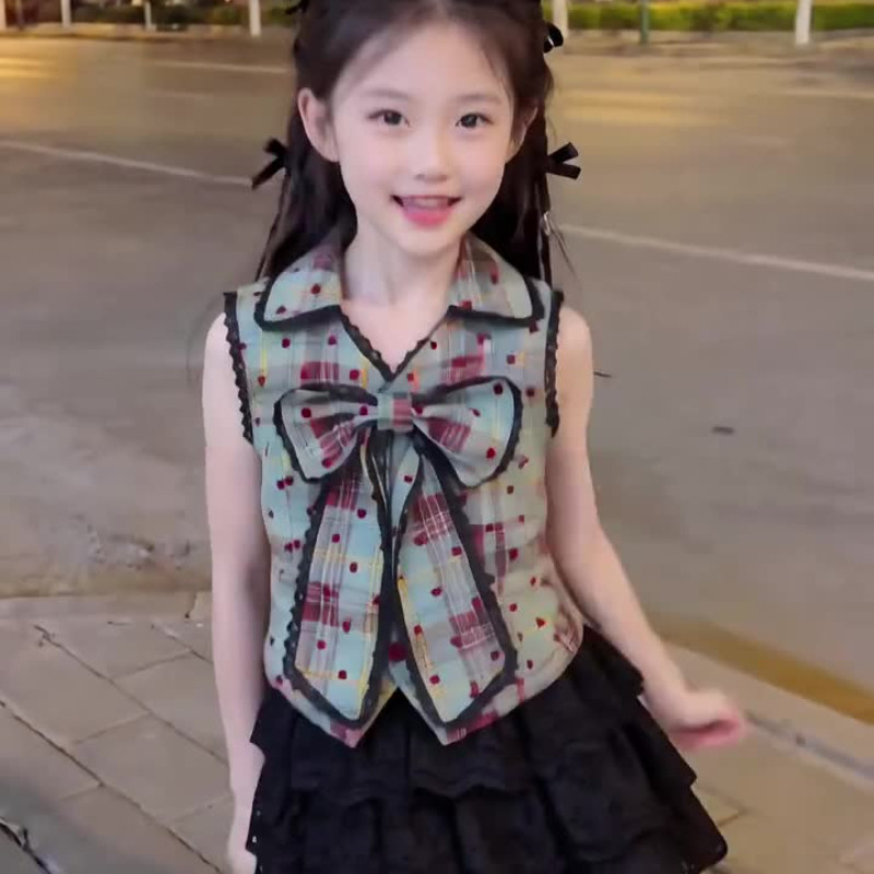 女童装夏季时髦洋气中大儿童孩格子蝴蝶结无袖衫蕾丝短裙两件套装