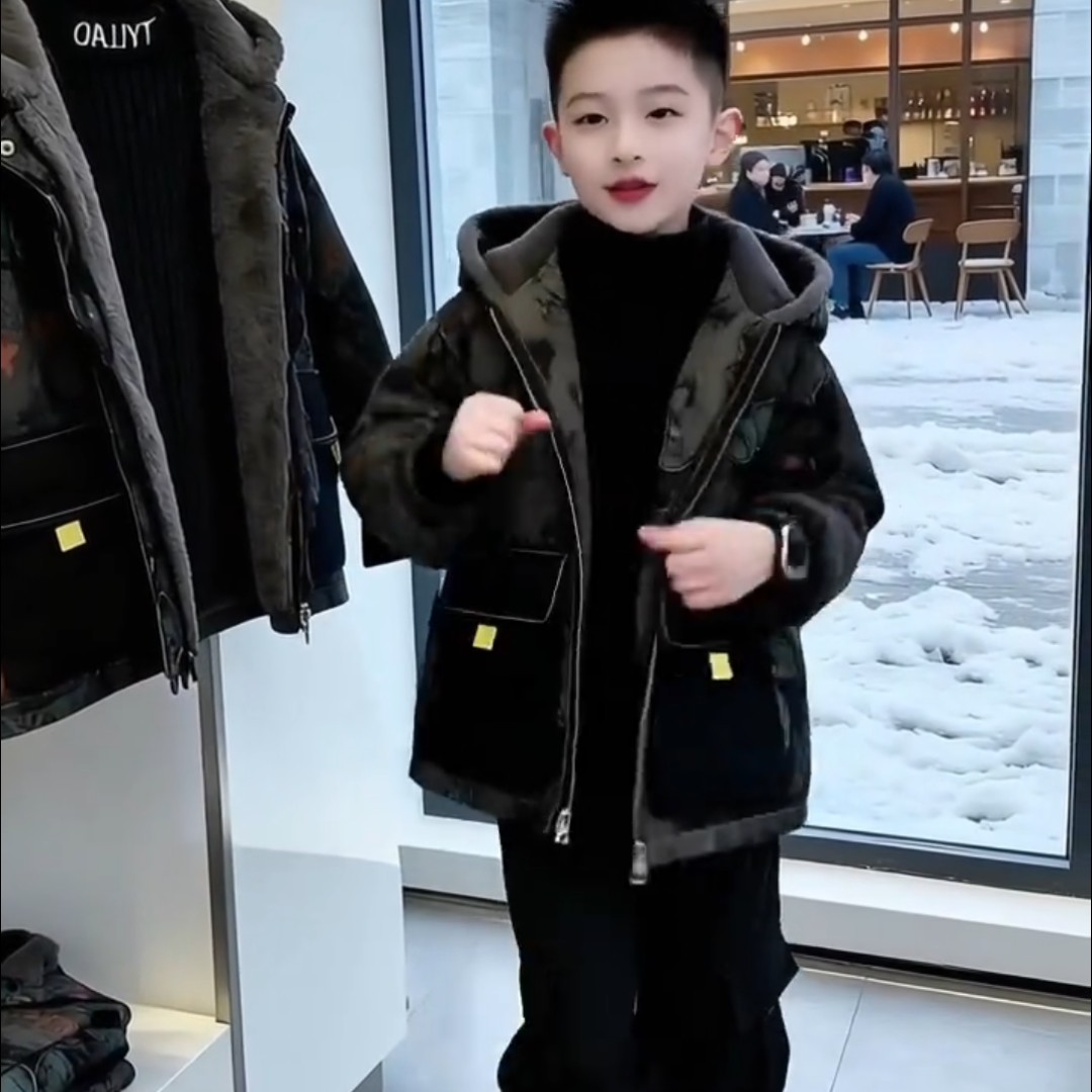 儿童装男童冬季加绒牛仔外套2023新款宝宝冬款派克服男孩冬装上衣