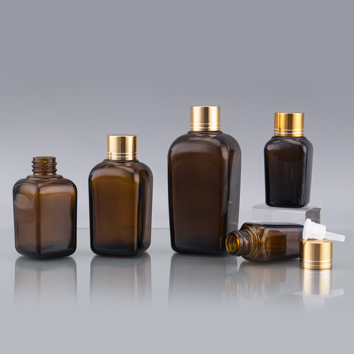 茶色方形玻璃分装瓶空瓶棕色精油瓶化妆品避光小瓶子金盖20ml30ml