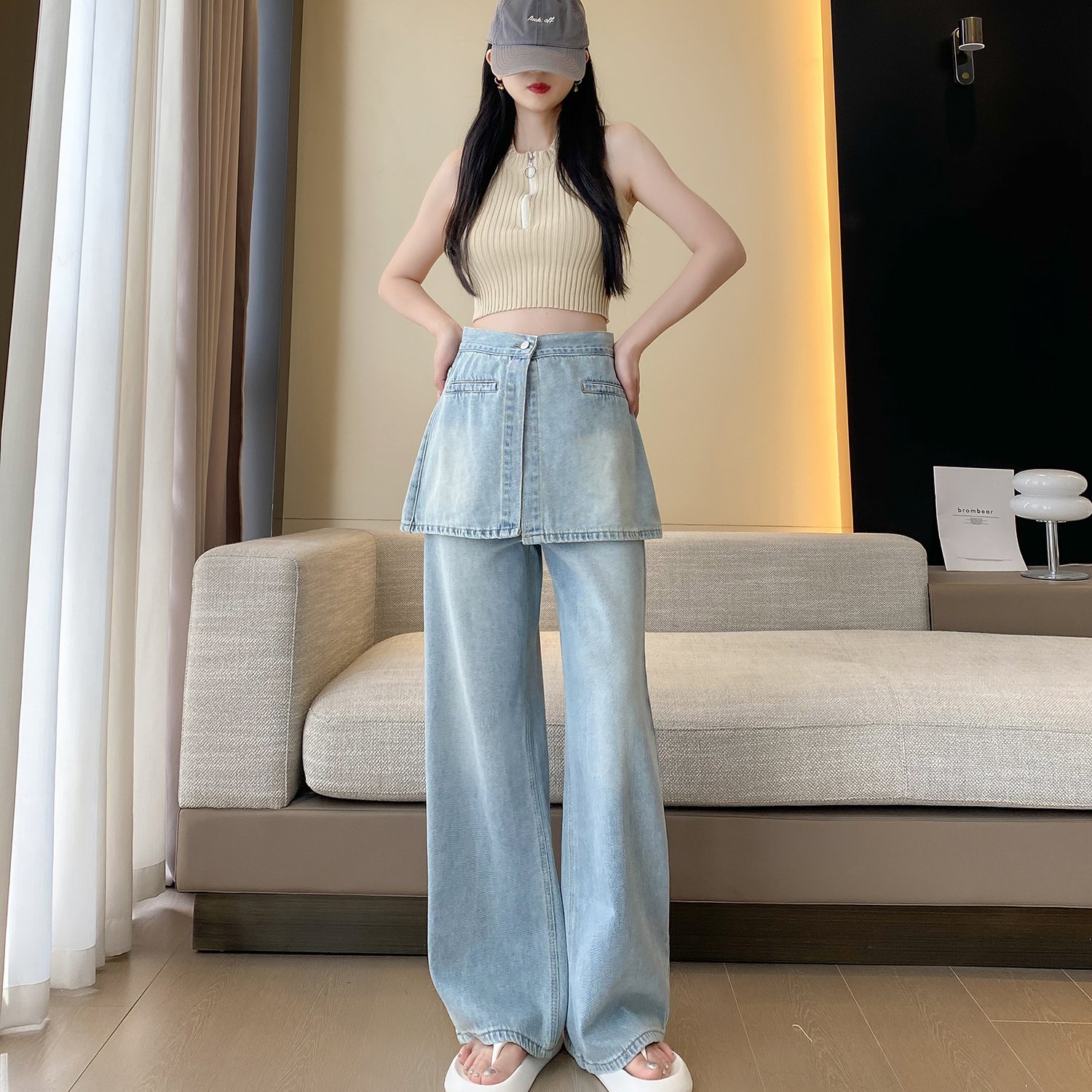 实拍 欧货时尚高腰显瘦拼接屁帘直筒牛仔裤女 可拆两穿