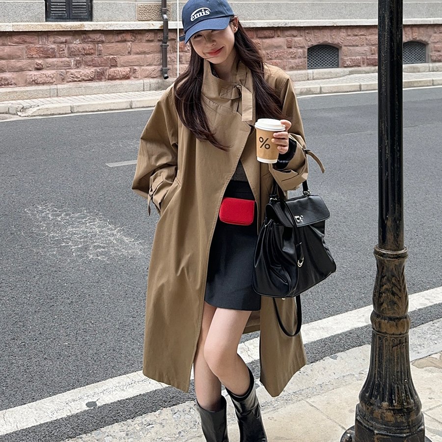 实拍有货 复古秋冬设计感立领风衣中长款纯色气质氛围感外套上衣