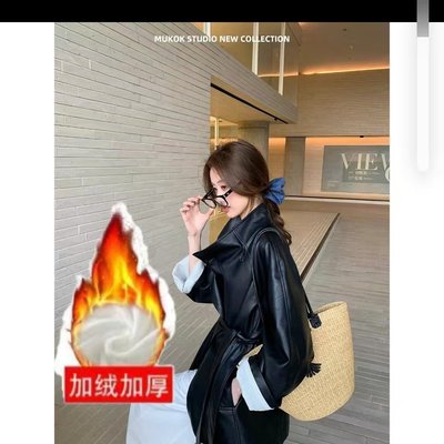 加绒加厚冬季皮衣外套设计高级感炸街复古西装系带网红上衣城市风