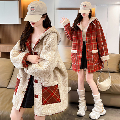 25年冬季新款圣诞红格双面穿格子毛绒外套冬季拜年服女羊羔毛呢潮
