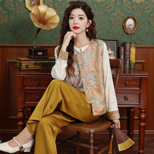 套装 实拍时尚 上衣设计感马甲宽松阔腿裤 打底衫 国风三件套简约长袖