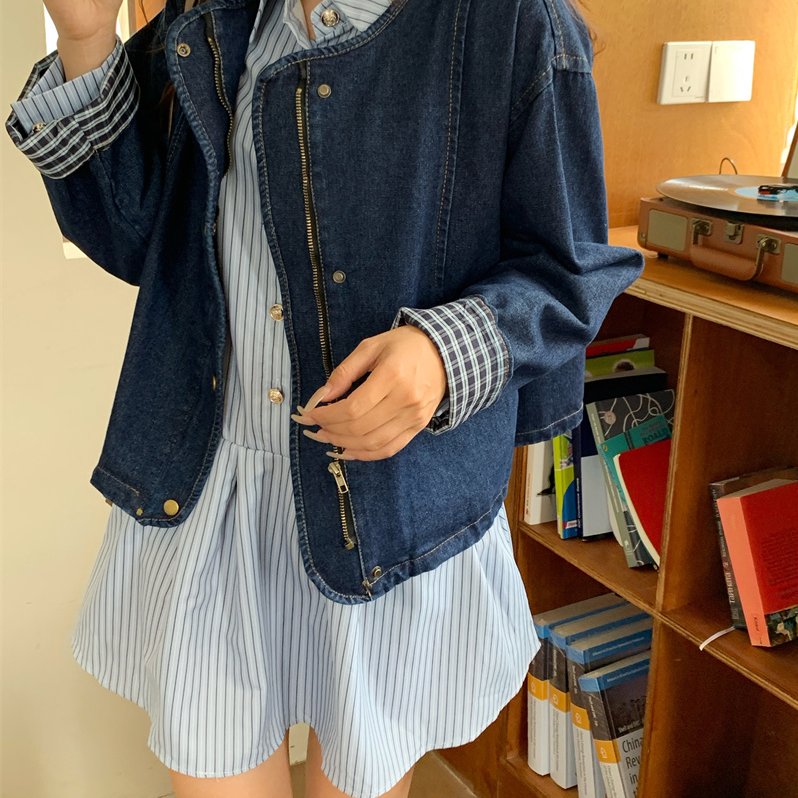 实拍实价 秋季韩版复古小众百搭洋气圆领格子翻边长袖牛仔外套女