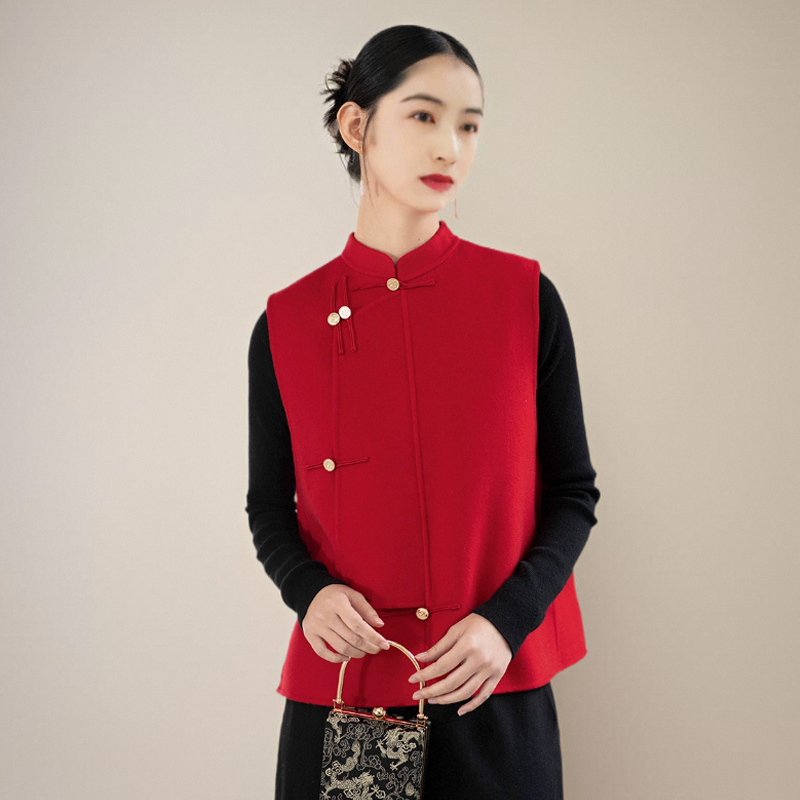 新中式马甲女款秋冬红色唐装女旗袍坎肩羊毛呢轻国风上衣
