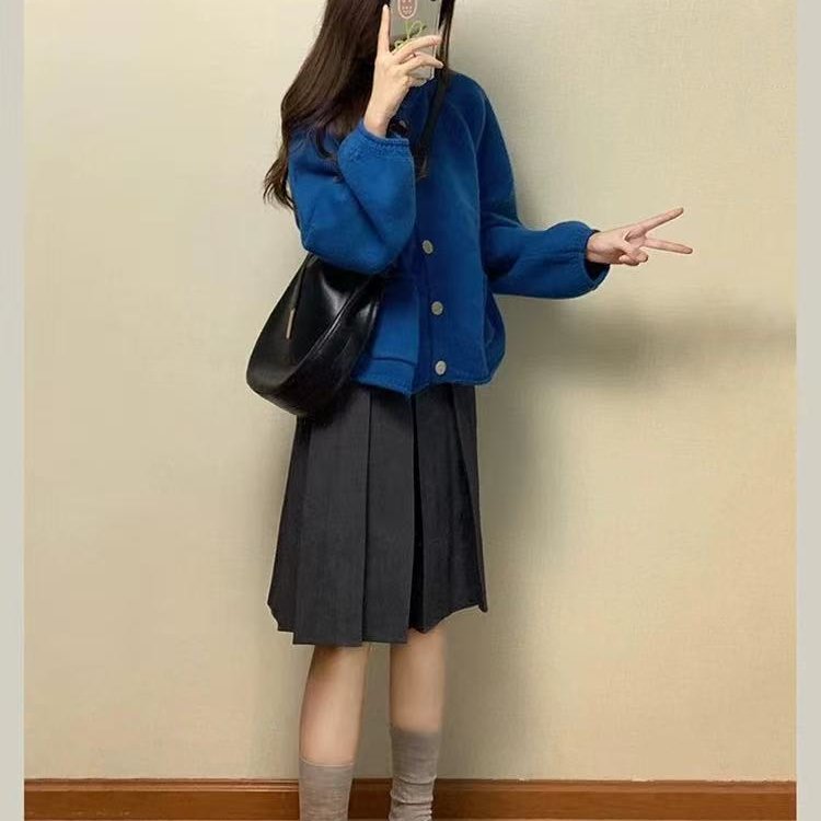 克莱因蓝针织开衫毛衣外套女秋冬新款慵懒风设计感小众灯笼袖上衣