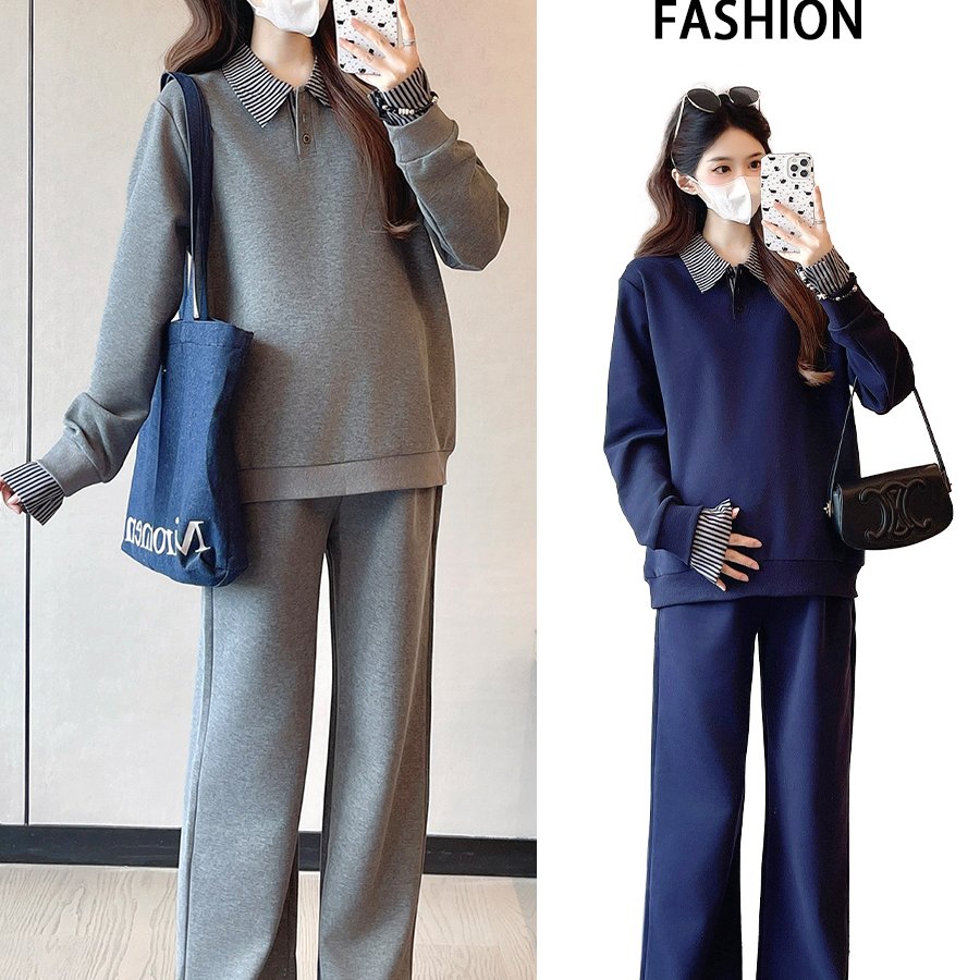 实拍2025秋装新款孕妇宽松大码女时尚拼接polo翻领卫衣孕妇托腹裤