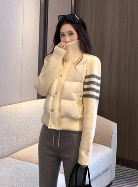 网图四条杠双色潮流韩版米白色条纹拼接棉服女冬季高级感小个子