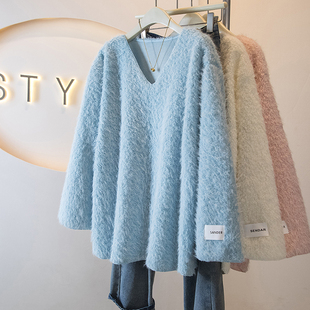 高级感慵懒风羊绒设计感厚款 新款 宽松型百搭上衣 冬女装 实拍大码