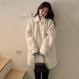 已出货 韩国chic温暖冬日氛围感翻领双排扣夹棉毛圈呢大衣外套女