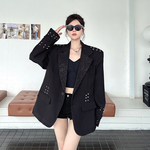 实拍实价 黑色西装外套女中性新款满天星重工铆钉设计感宽松西服