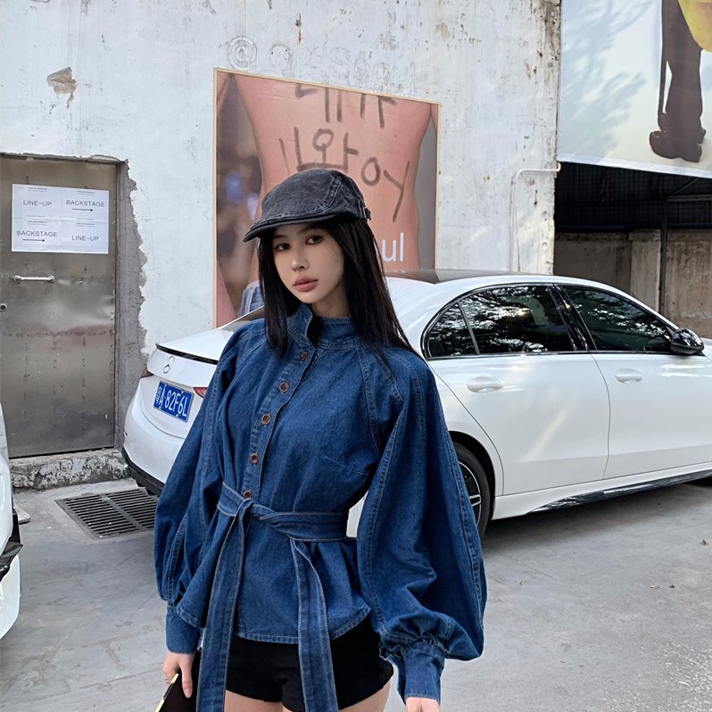 实拍实价 港味复古轻熟绑带收腰立领灯笼袖牛仔衬衫百搭显瘦上衣