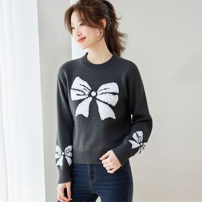 蝴蝶结烫钻圆领毛衣女秋冬新款宽松洋气长袖针织衫打底慵懒风上衣