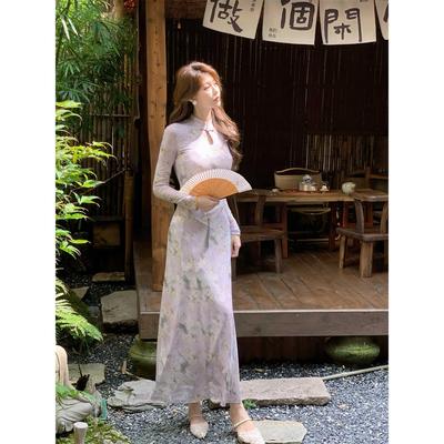 如梦新中式改良旗袍女2025早秋新款复古蝴蝶印花网长袖连衣裙