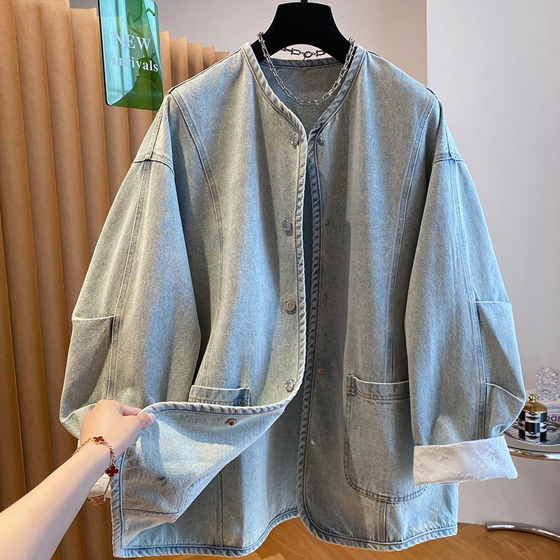 欧货蕾丝拼接圆领牛仔外套女2025春秋新款宽松大码中长款无领上衣