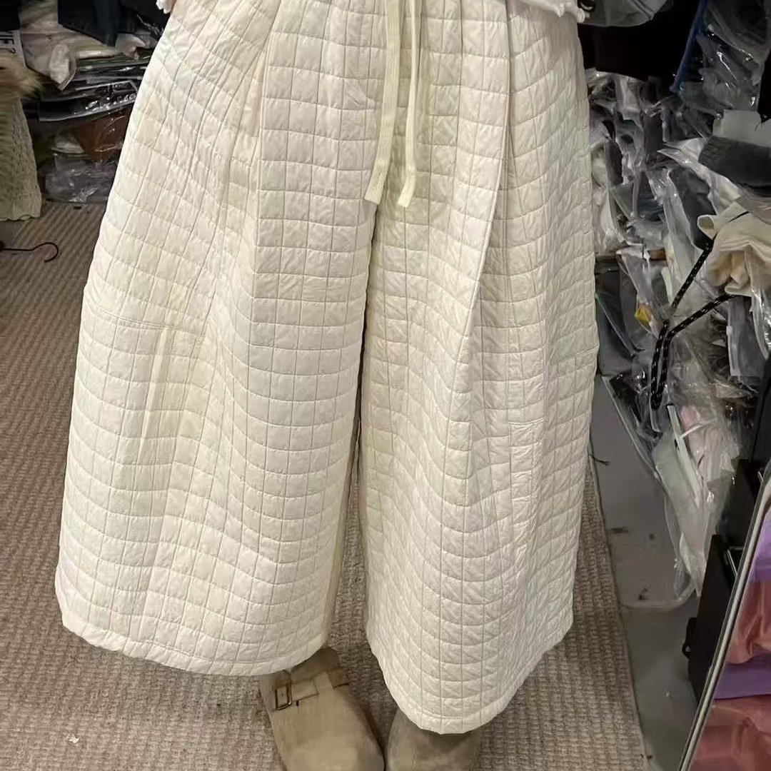 韩系夹棉格纹阔腿裤女冬2025新款小个子宽松慵懒风休闲裤