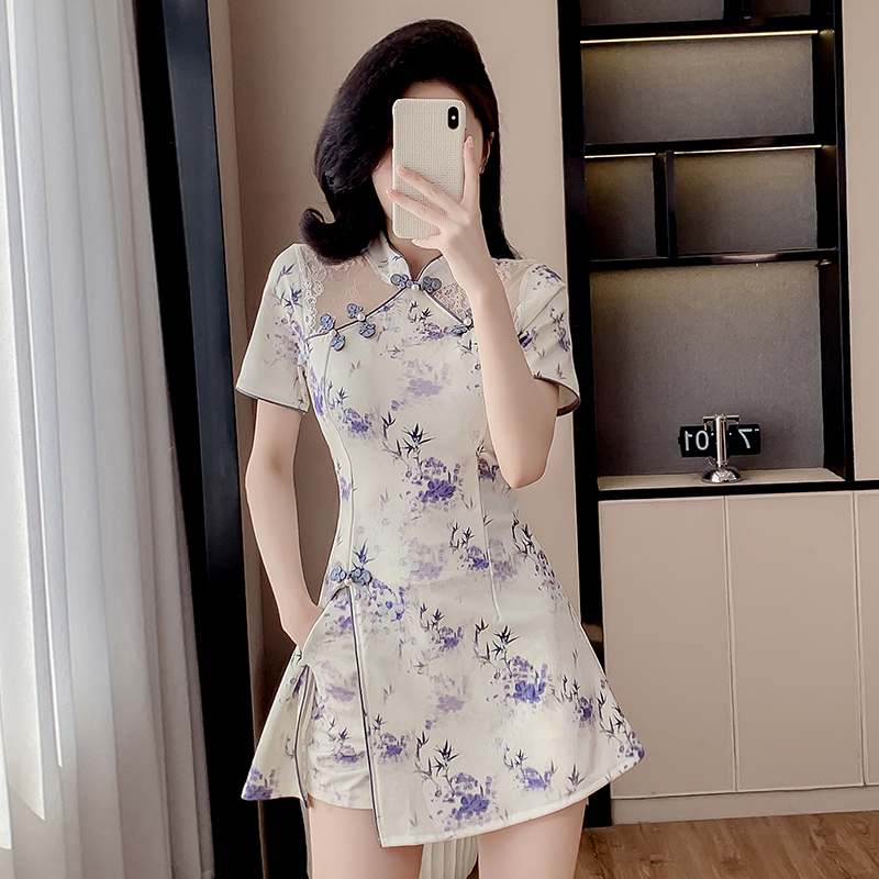 实拍 新款新中式复古改良旗袍印花收腰显瘦短款连衣裙套装