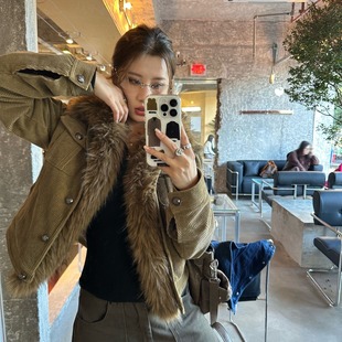 已出货 复古可拆卸毛领夹克女秋冬巴恩风灯芯绒加厚保暖外套 美式