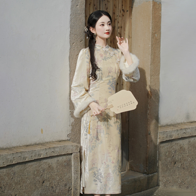 醉花仙 新中式国风长袖改良秋冬丝绒旗袍连衣裙女