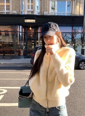 网图涩谷来电很爱小众复古针织拼接环葆皮草假两件毛毛外套