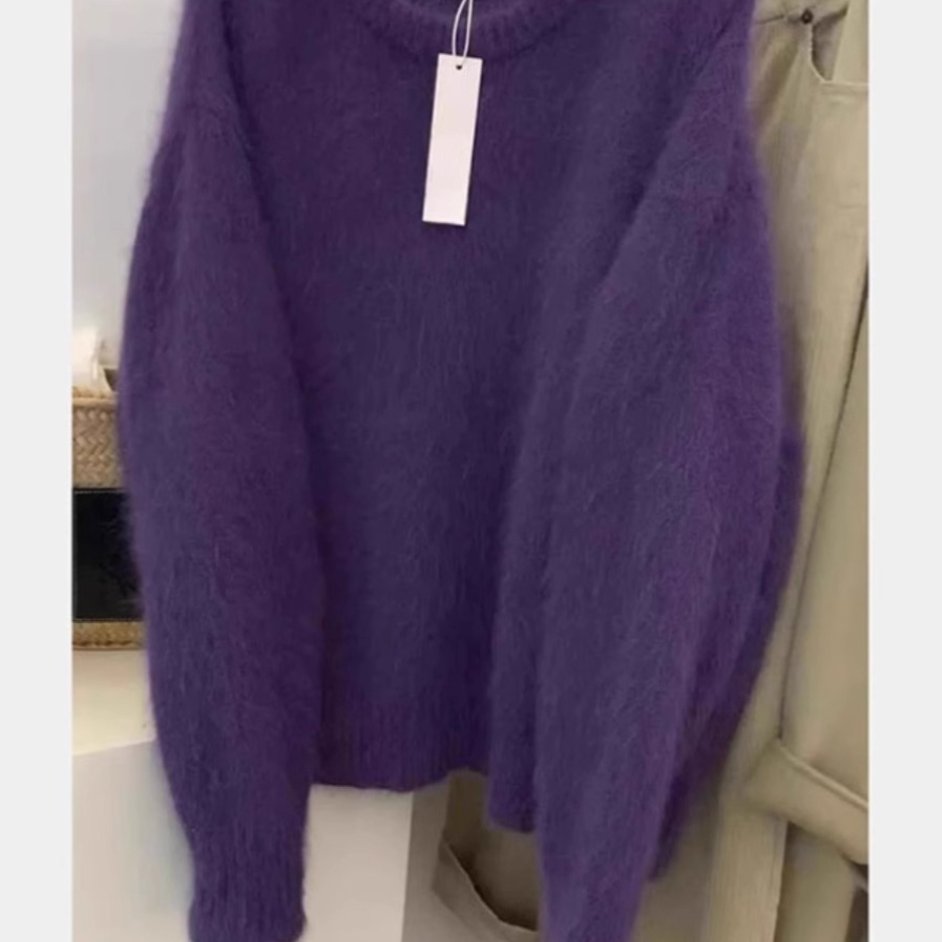 韩国东大门马海毛紫色圆领毛衣女2025秋冬套头针织衫软糯羊毛上衣