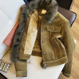 已出货 复古可拆卸毛领夹克女秋冬巴恩风灯芯绒加厚保暖外套 美式